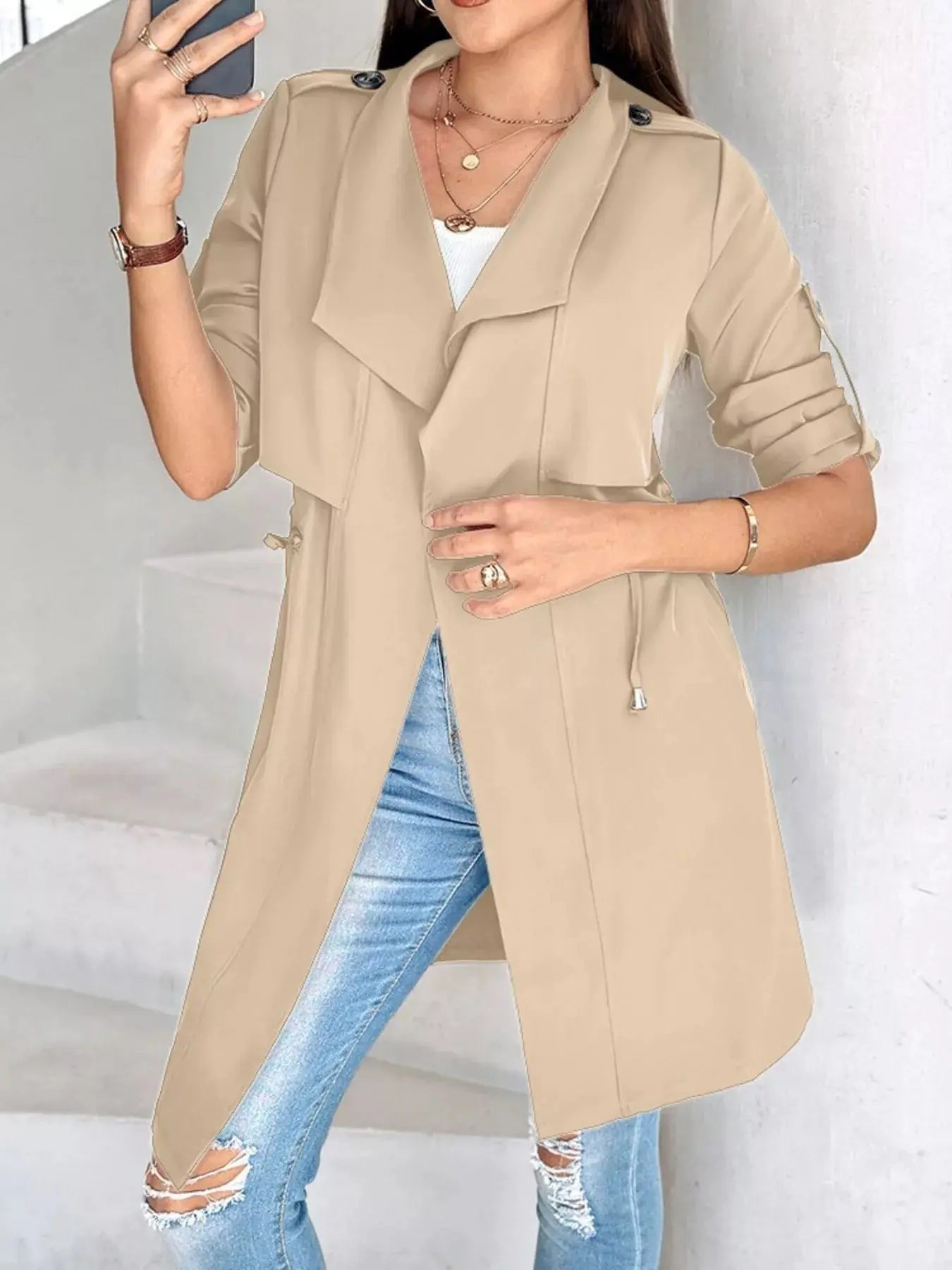 Beige Drape Collar Lightweight Trench Coat With Pockets And Drawstring Simply Love