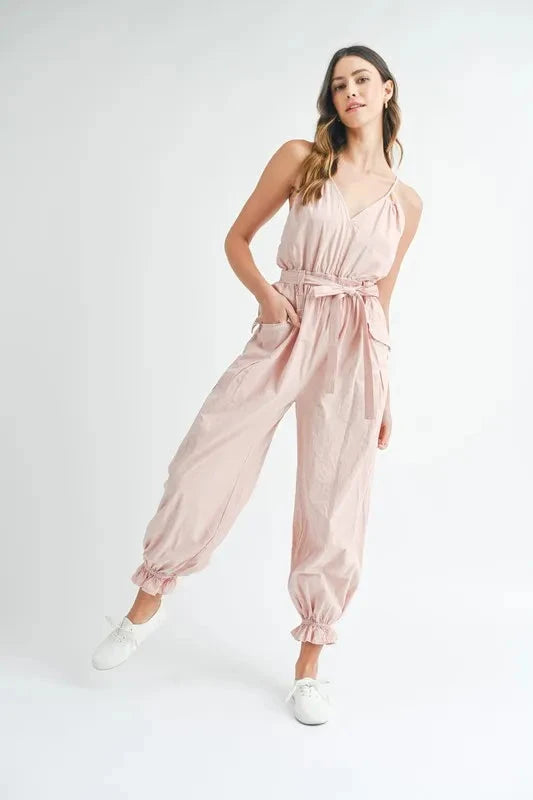 MABLE Washed Fabric Spaghetti Strap Waist Belted Jumpsuit Coco’s Tee Boutique
