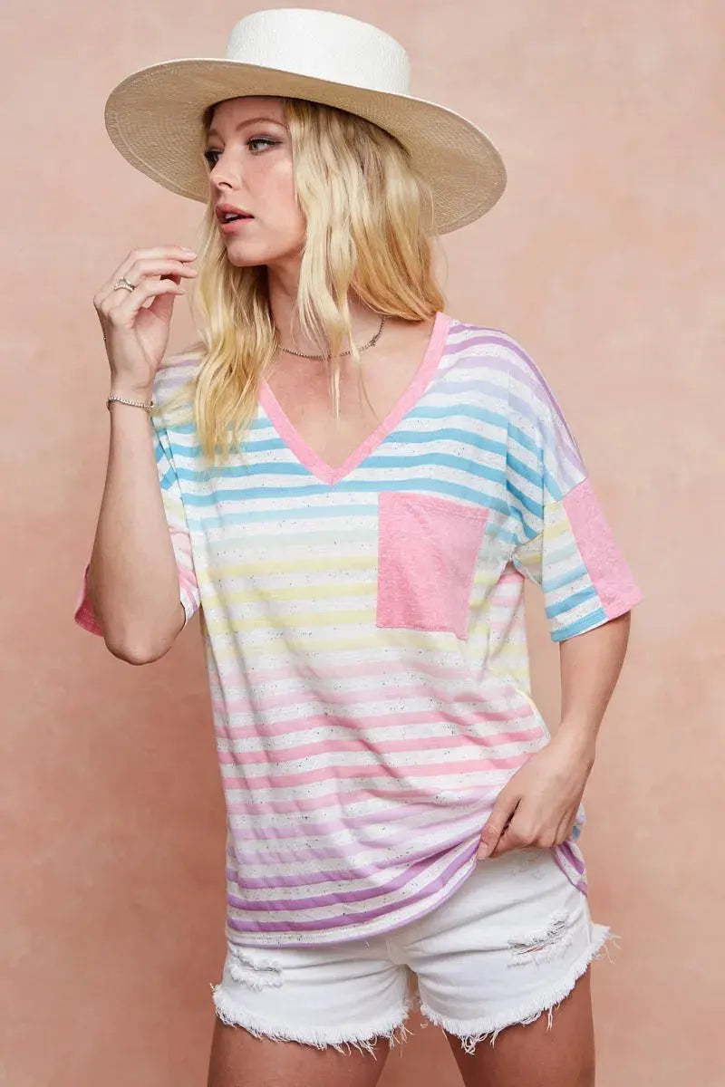 BiBi Rainbow Stripe Printed Triblend Knit Top - Love Salve 