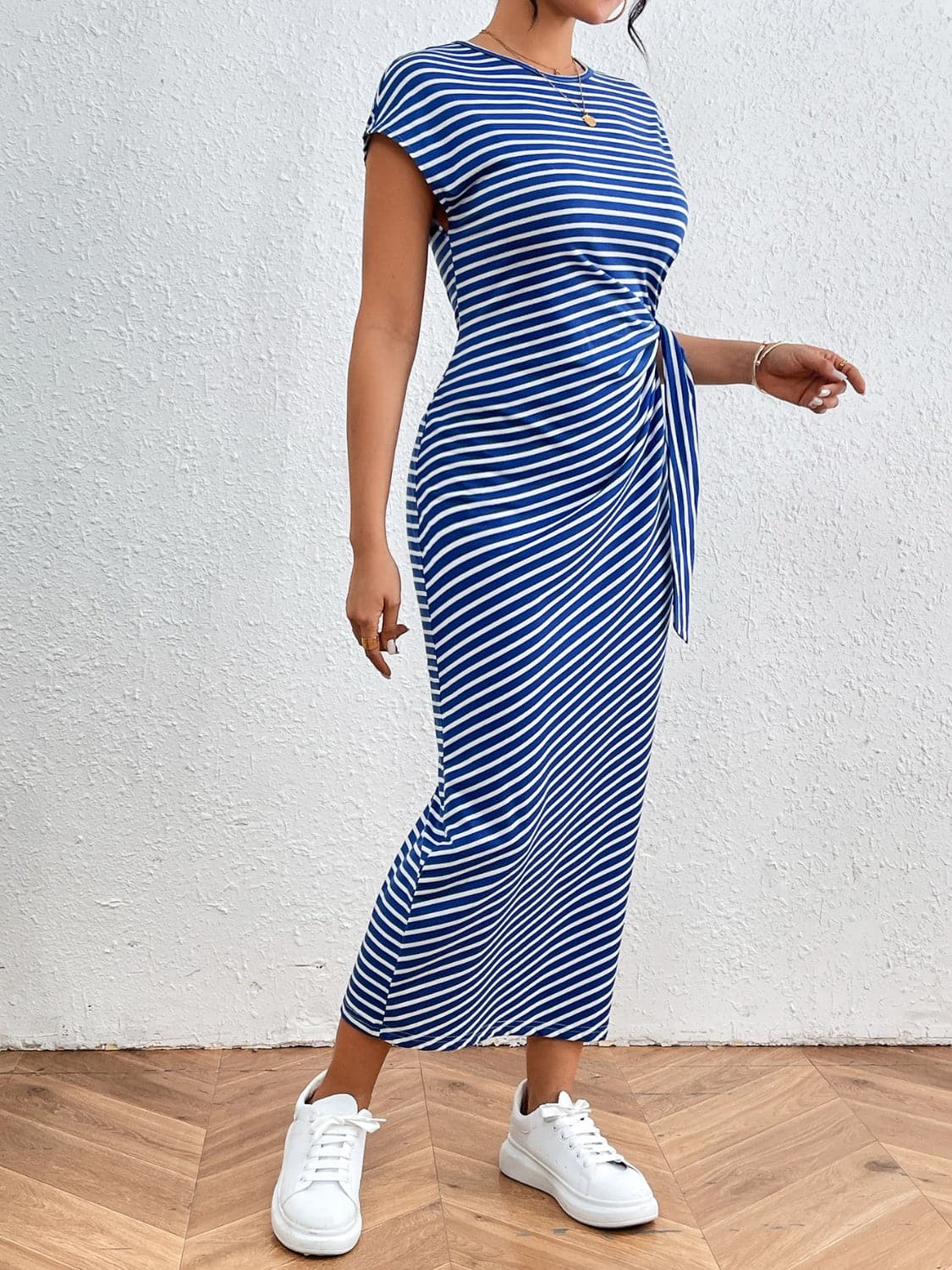 Tied Striped Round Neck Short Sleeve Tee Dress.