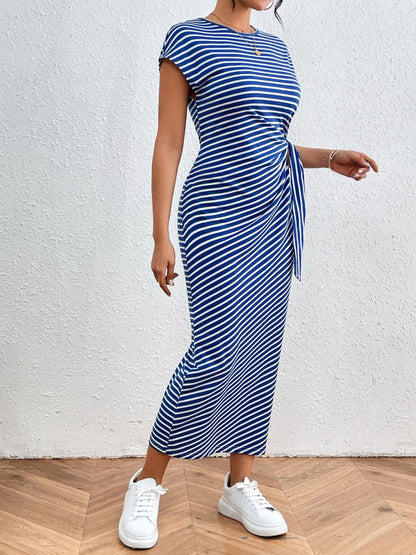 Tied Striped Round Neck Short Sleeve Tee Dress.