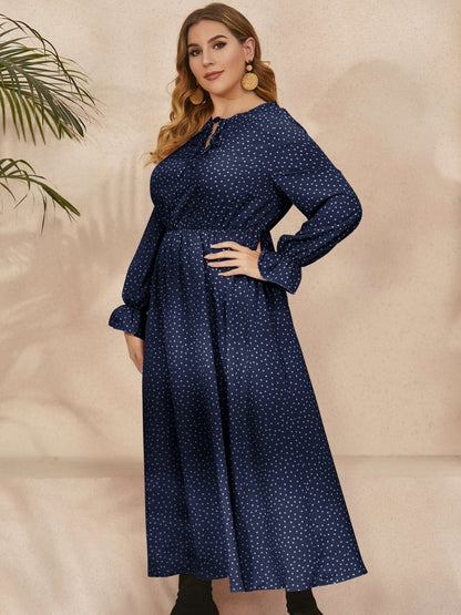 Plus Size Ruffled Polka Dot Long Sleeve Midi Dress.