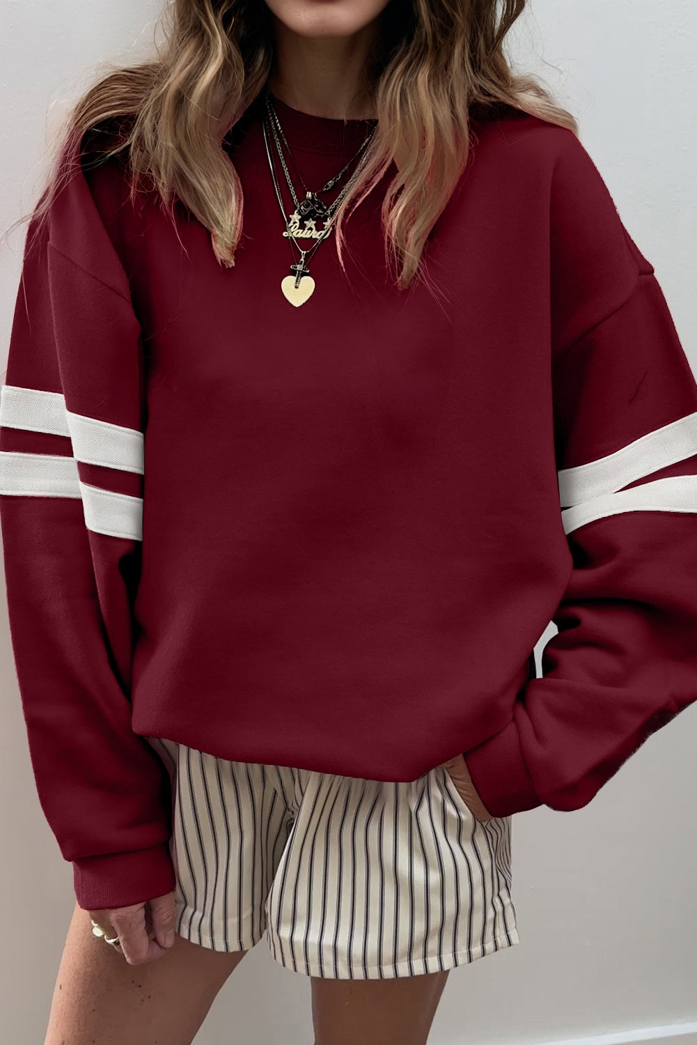 Red Dahlia Varsity Oversized Striped Detail Sweatshirt