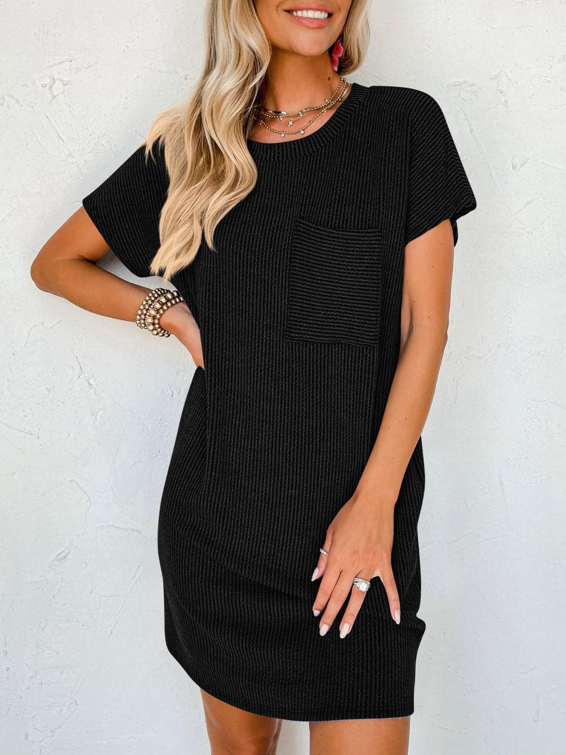 Round Neck Short Sleeve Mini Dress.