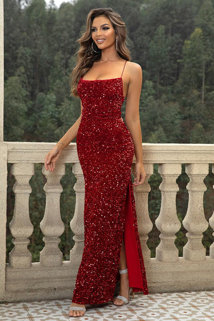 Sequin Backless Split Maxi Dress.