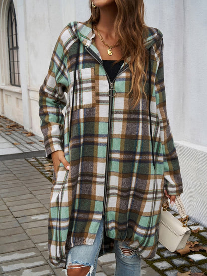 Plaid Zip Up Hooded Coat.