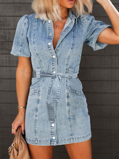 Puff Sleeve Button Up Mini Denim Dress.