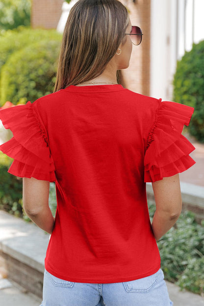 Ruffled Round Neck Short Sleeve Blouse.