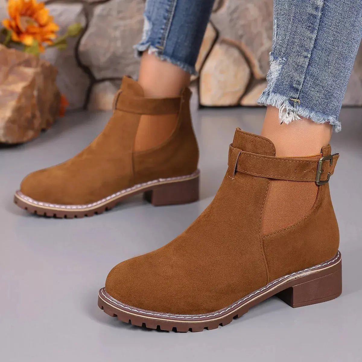 Women Round Toe Block Heel Ankle Boots Buckle Strap PU Leather Black Simply Love