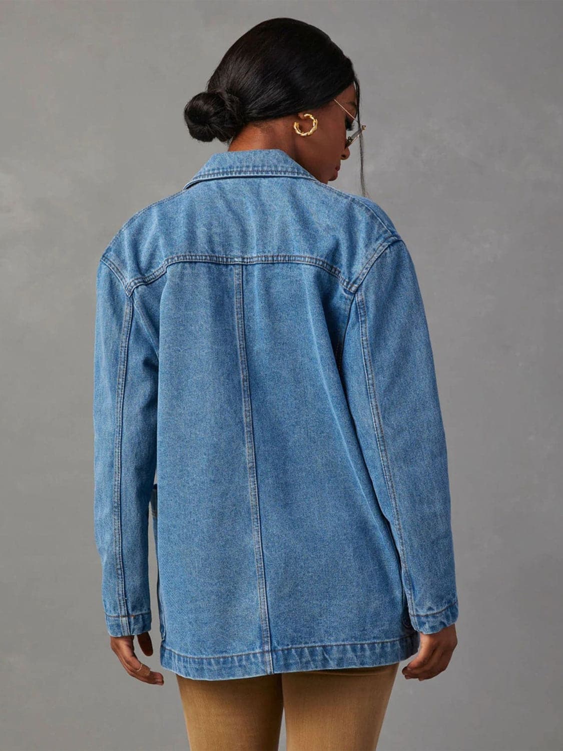 Collared Neck Long Sleeve Denim Jacket.