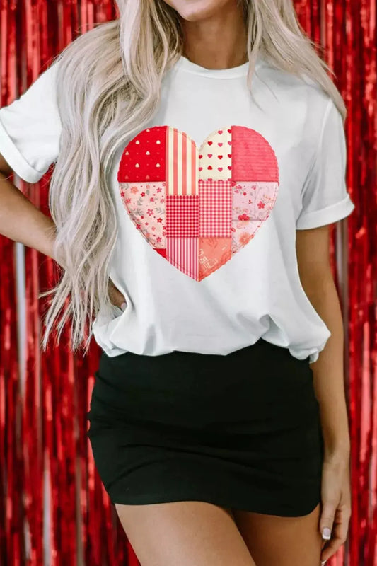 Floral Plaid Mixed Patchwork Heart-shape Graphic T Shirt Simply Love