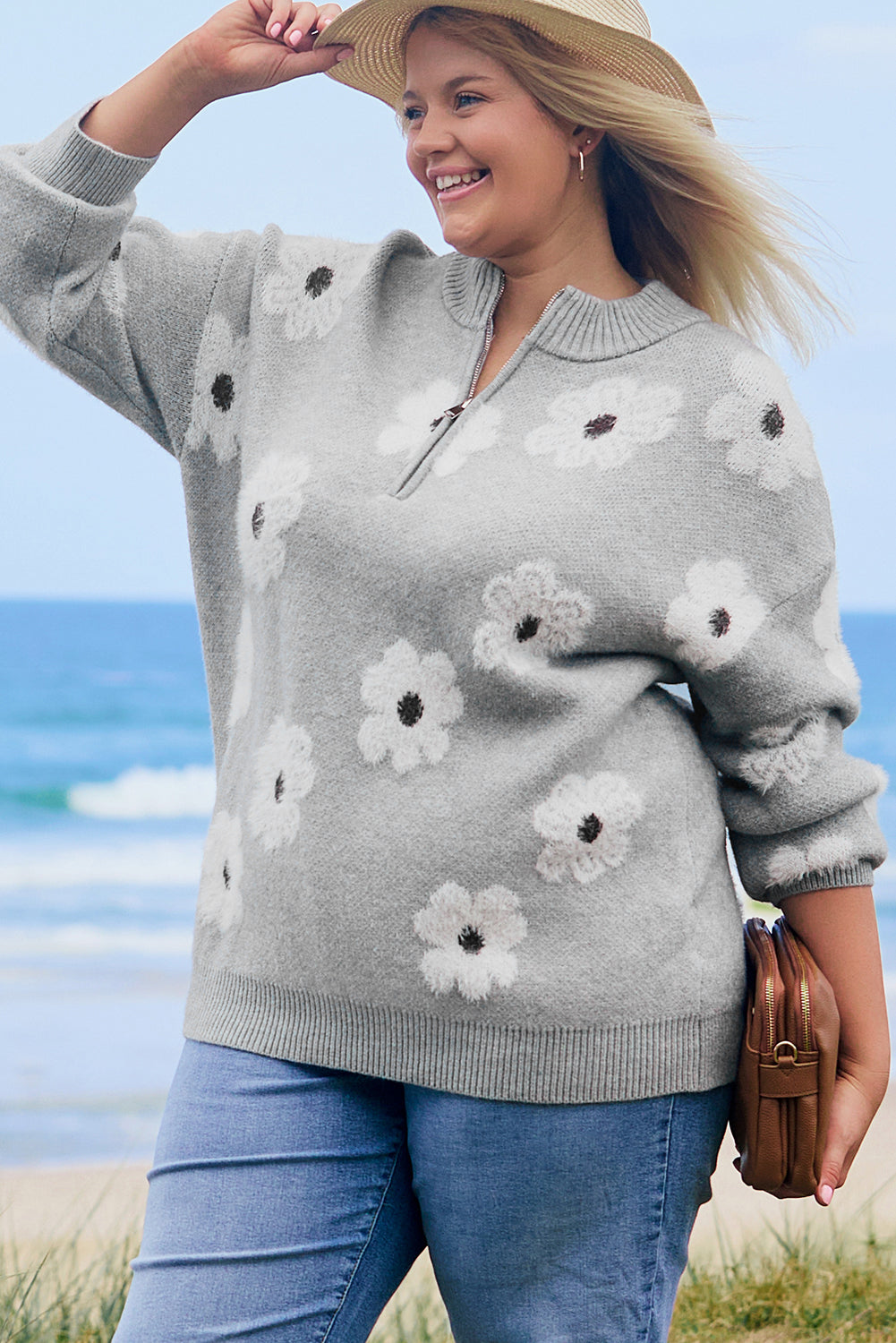 Gray floral embroidered plus size sweater