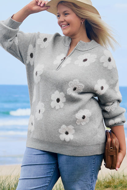 Gray floral embroidered plus size sweater