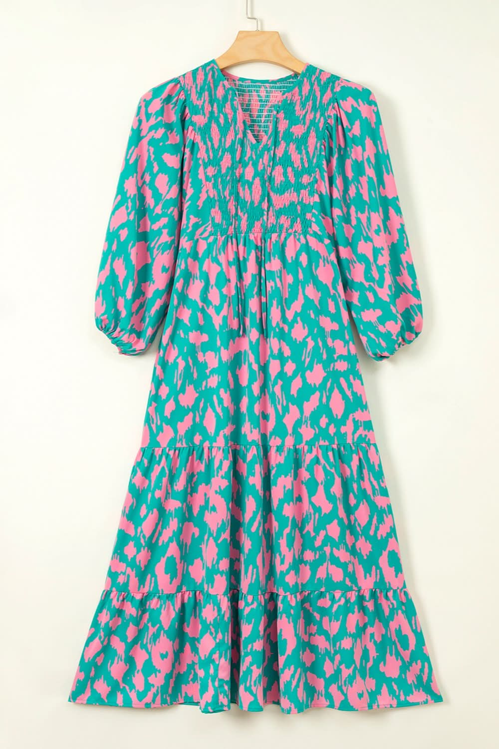 Floral smocked tie neck long sleeve dress