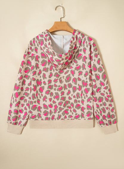 Rose Leopard Print Zip Up Hooded Sweatshirt Cozy Fashion