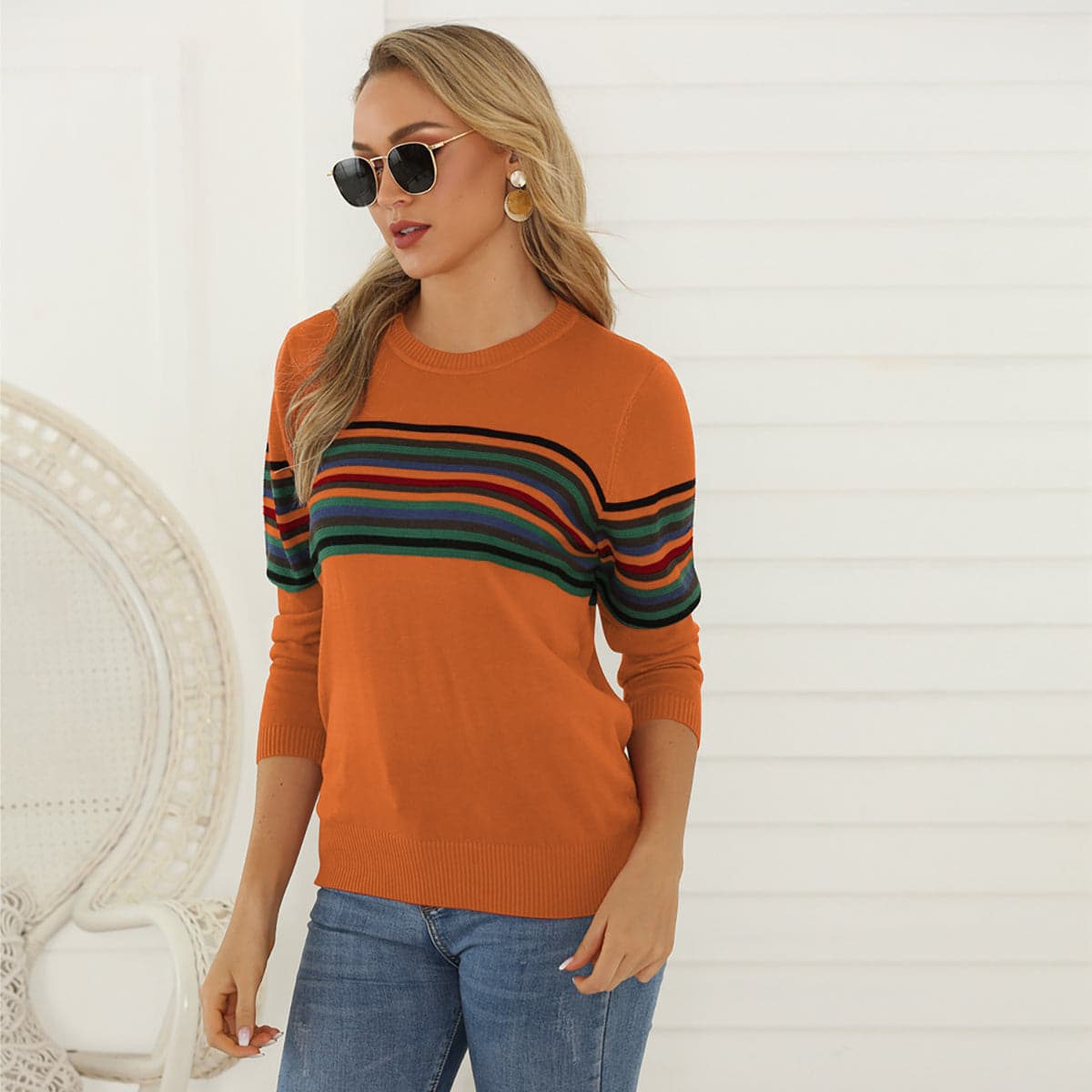 Striped Round Neck Long Sleeve Sweater.