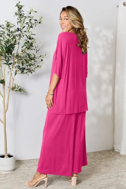 Double Take Full Size Round Neck Slit Top and Pants Set - Love Salve