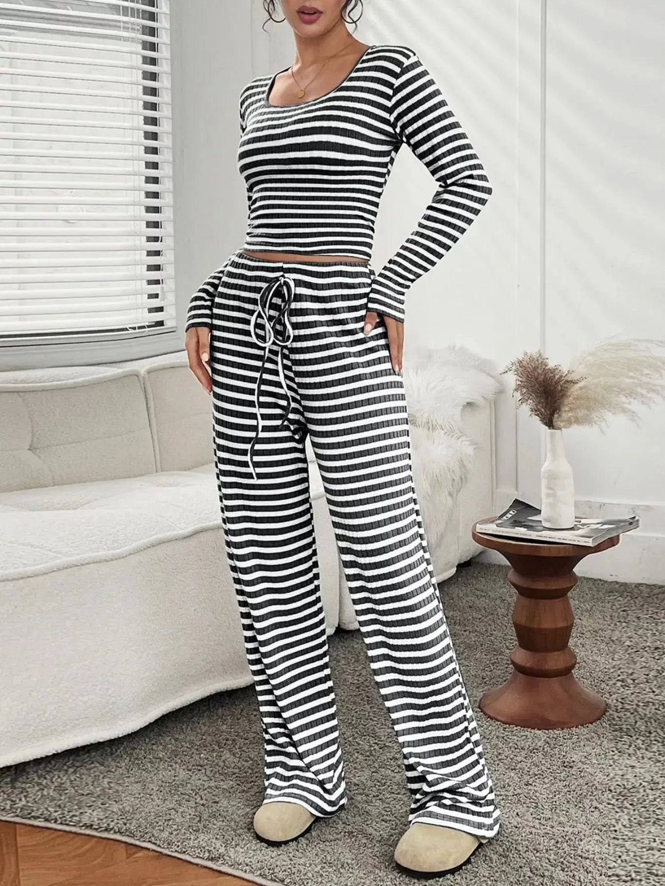 Striped Long Sleeve Top and Pants Set Simply Love