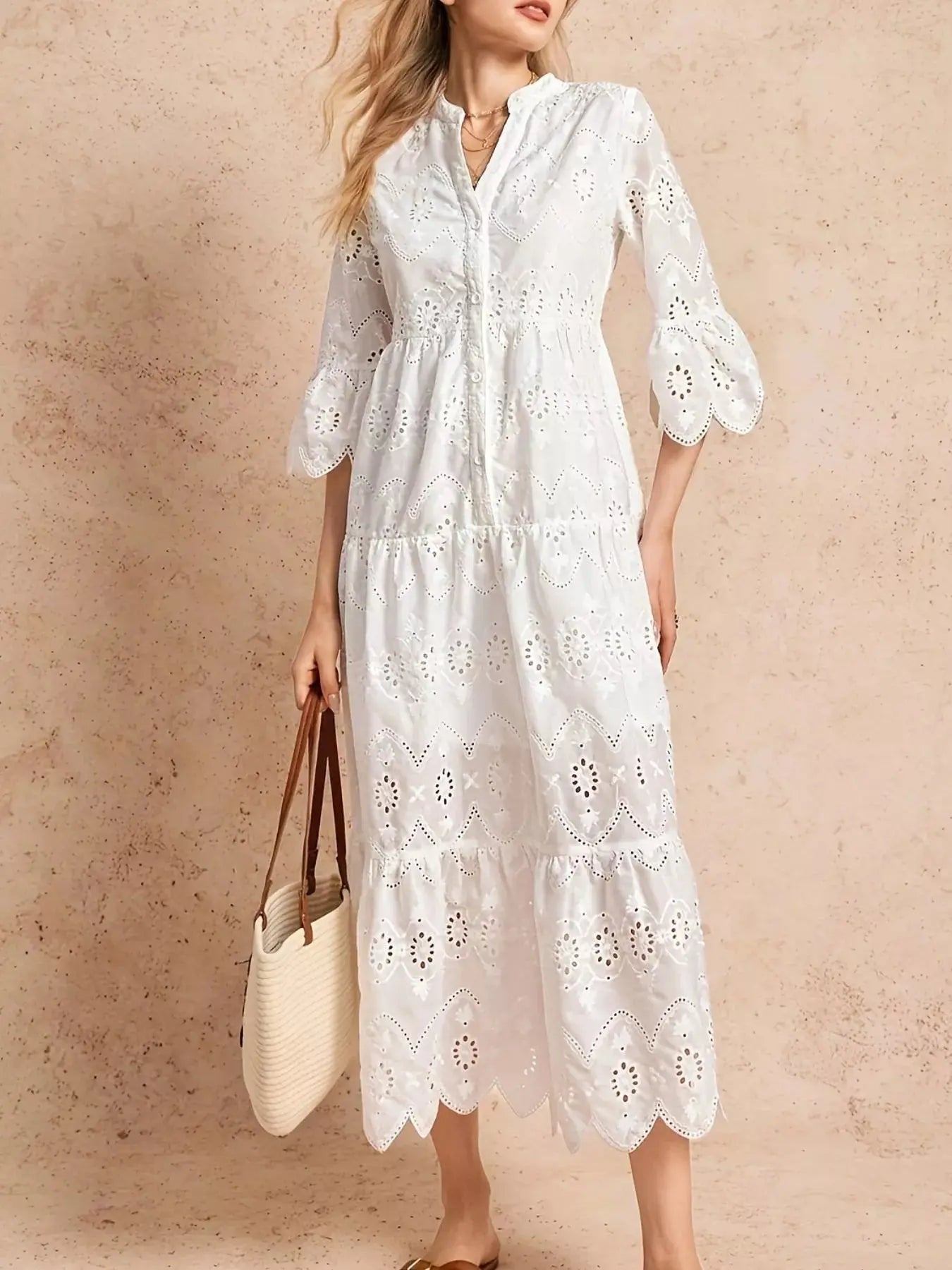 Eyelet Notched Tiered Midi Dress Simply Love