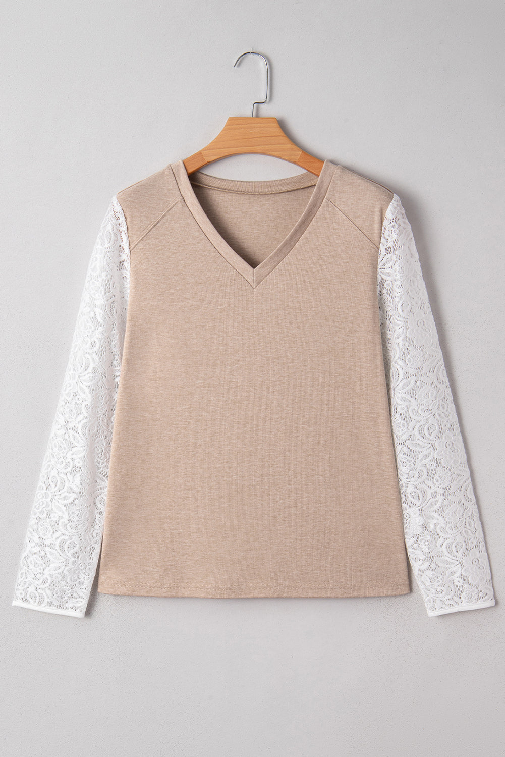 Oatmeal V Neck Contrast Lace Patchwork Long Sleeve Top Dear-Lover Dropshipping