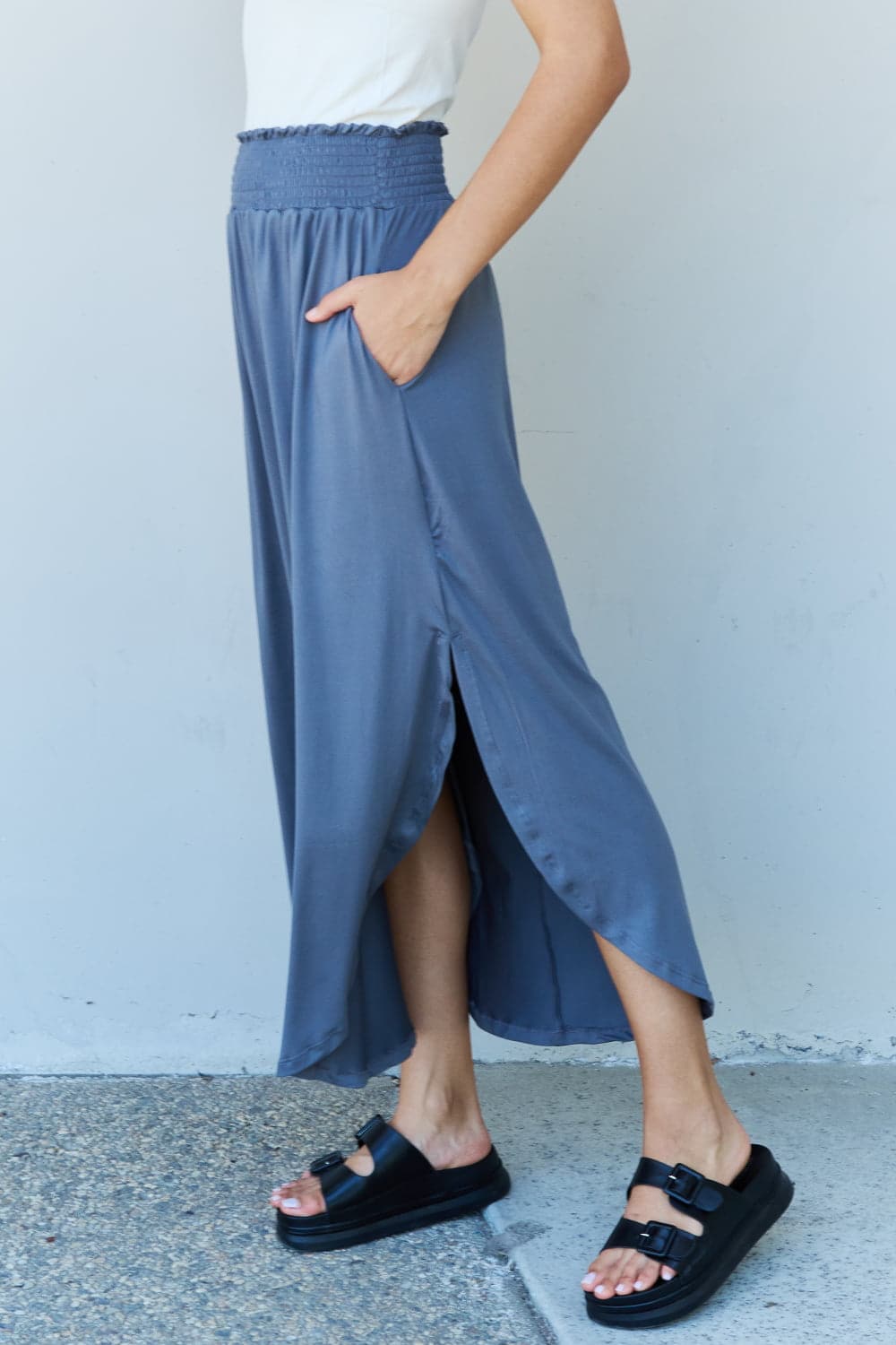 Doublju Comfort Princess Full Size High Waist Scoop Hem Maxi Skirt in Dusty Blue.