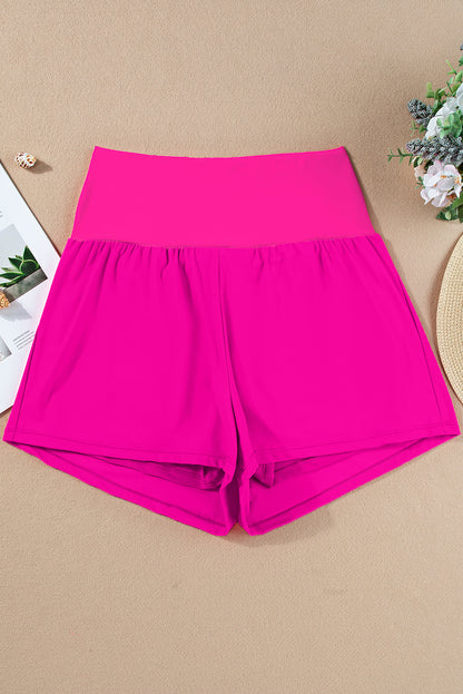 Rose Red High-Waisted Swim Shorts with Pockets