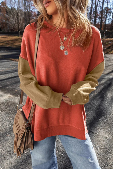 Color-blocked round neck long sleeve sweatshirt