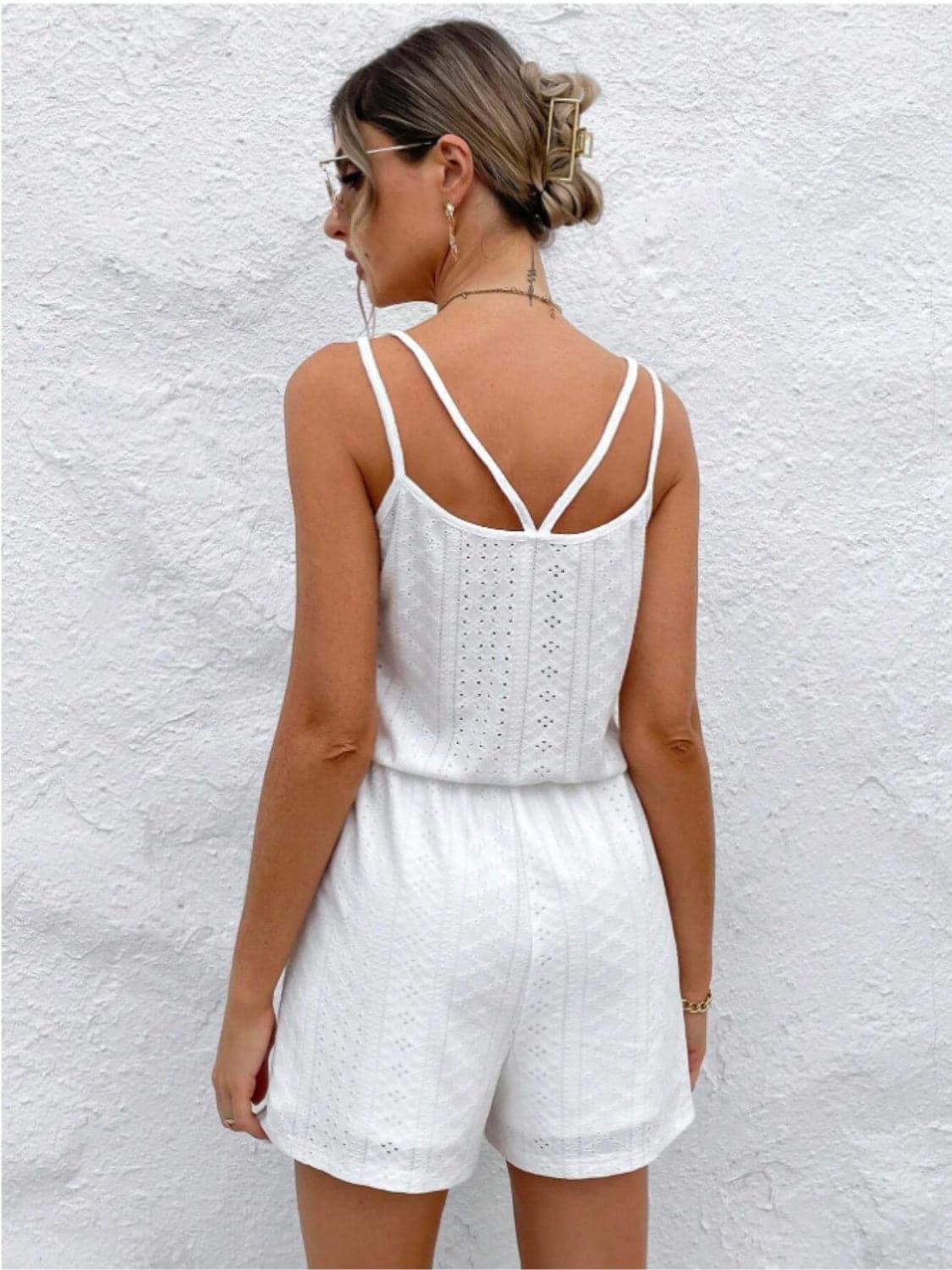 Eyelet Scoop Neck Double Spaghetti Straps Romper.