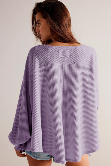 Orchid petal waffle knit V-neck long sleeve loose-fit blouse