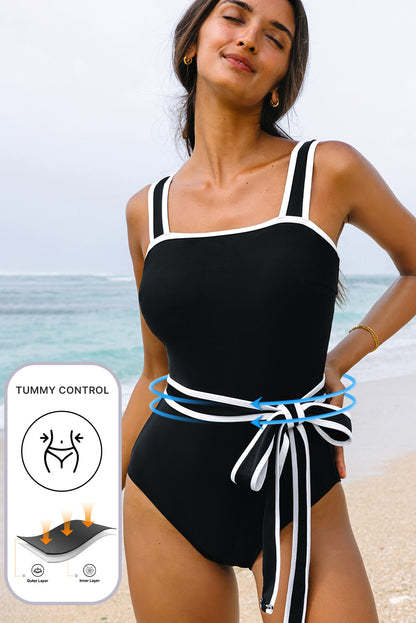 Sleek Black Colorblock Belted One-Piece Swimsuit