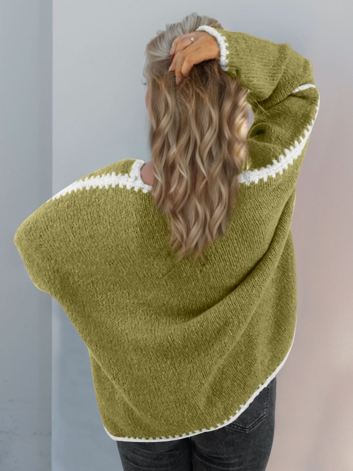 Double Take Contrast Open Front Dropped Shoulder Cardigan