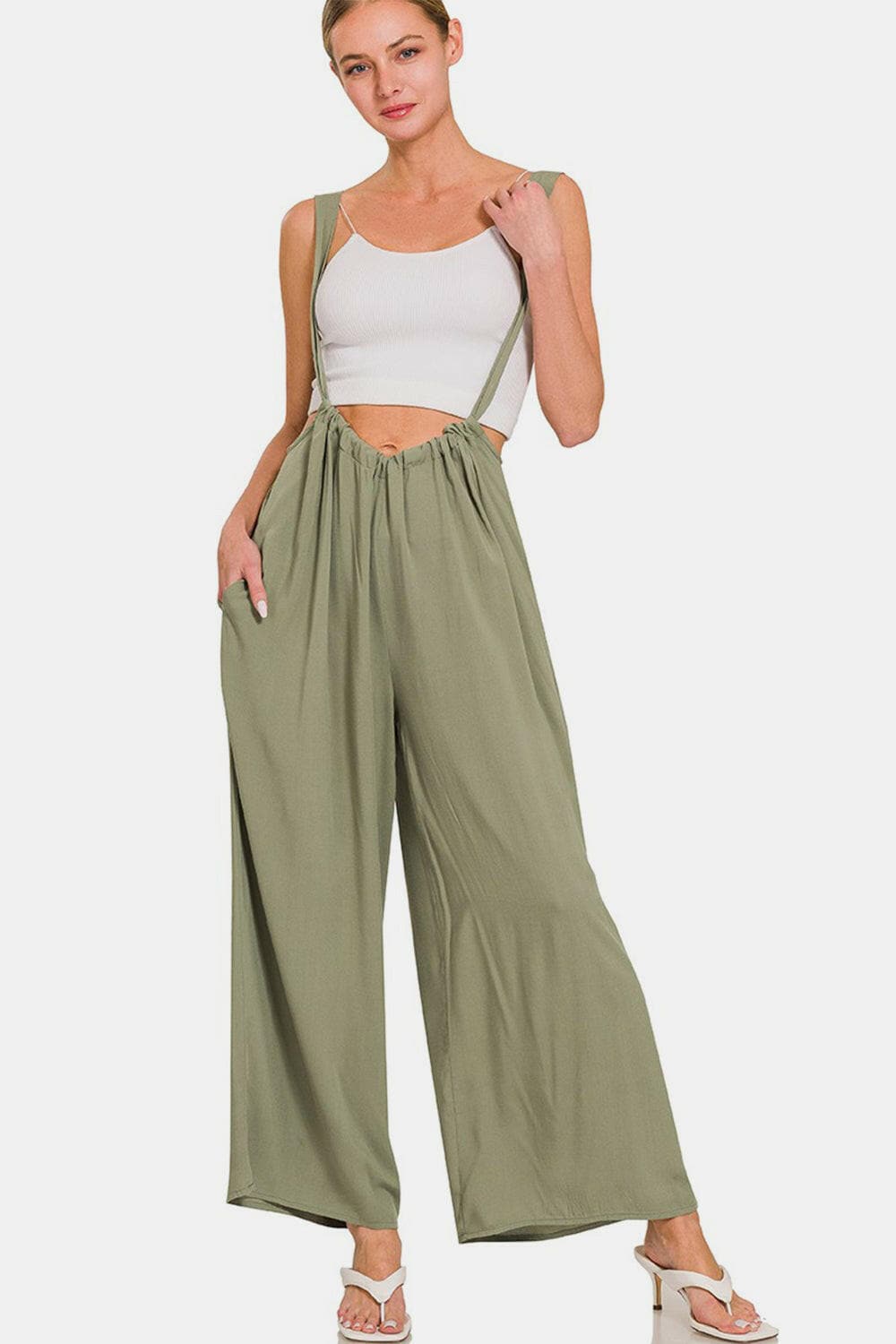 Zenana Pocketed Wide Strap Wide Leg Overalls.