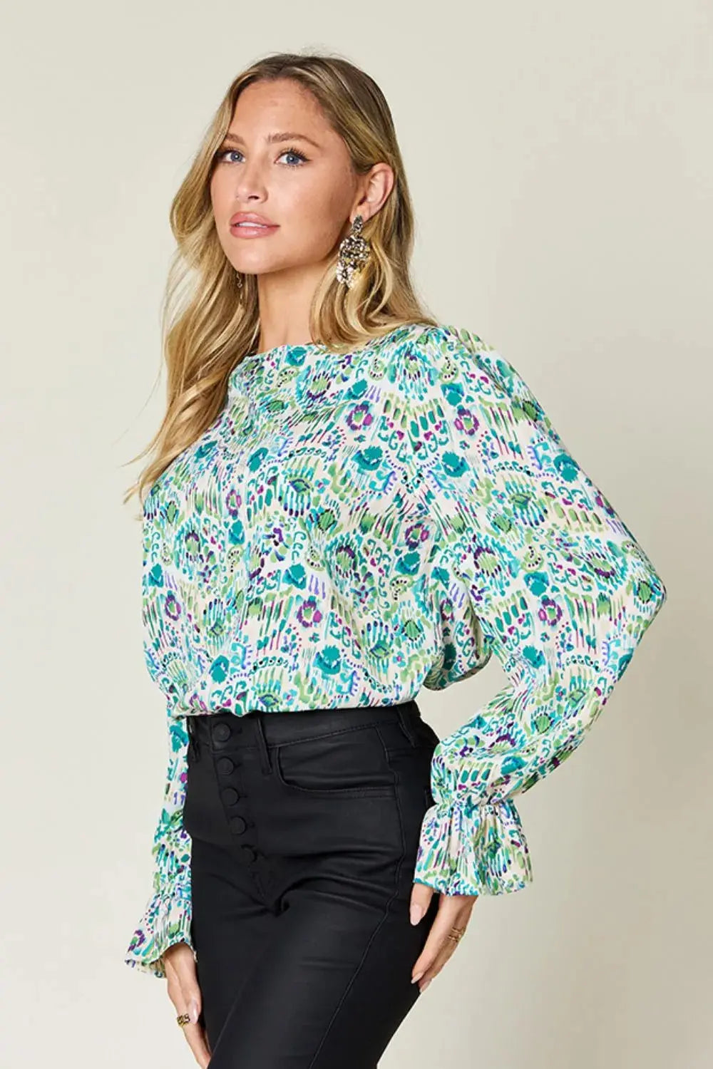 Double Take Full Size Printed Flounce Sleeve Blouse - Love Salve