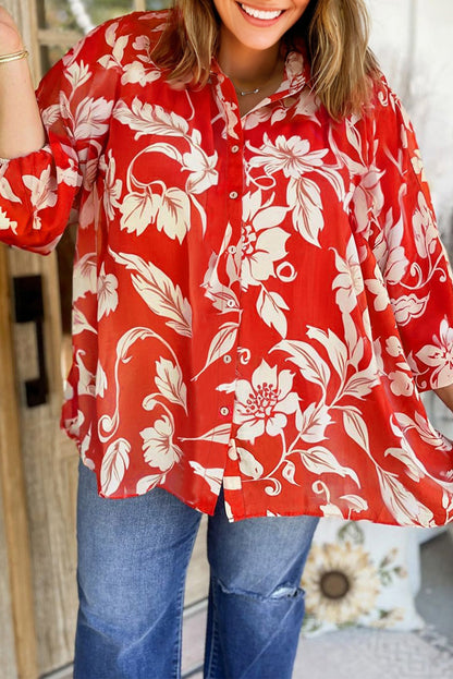 Premium Red Plus Size Floral Print Loose Button Up Shirt For Women