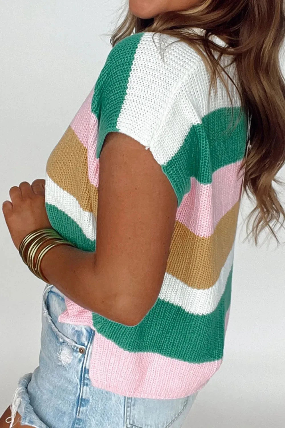 Color Block Notched Cap Sleeve Knit Top Simply Love