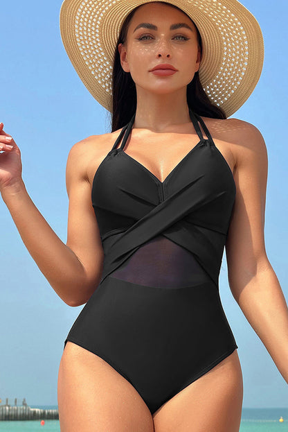 Elegant black halter one-piece swimsuit with mesh inserts