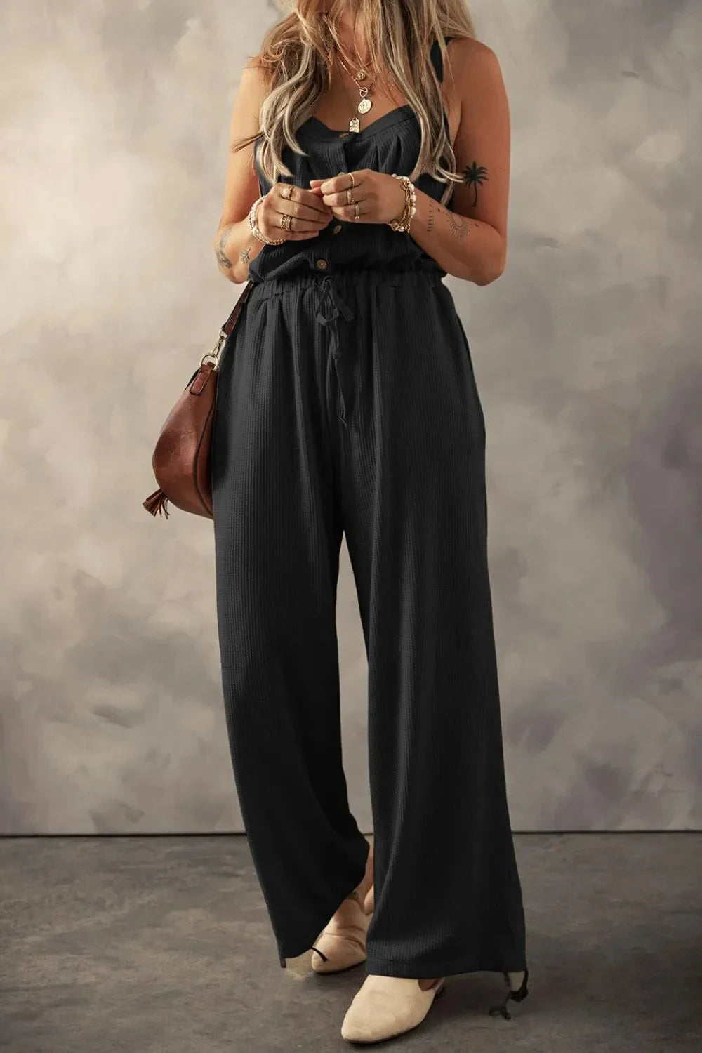 Knotted Straps Button Textured Drawstring Jumpsuit Simply Love