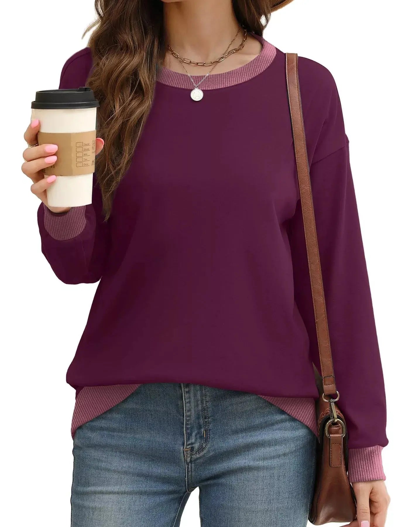 Contrast Trim Crew Neck Casual Sweatshirt Simply Love