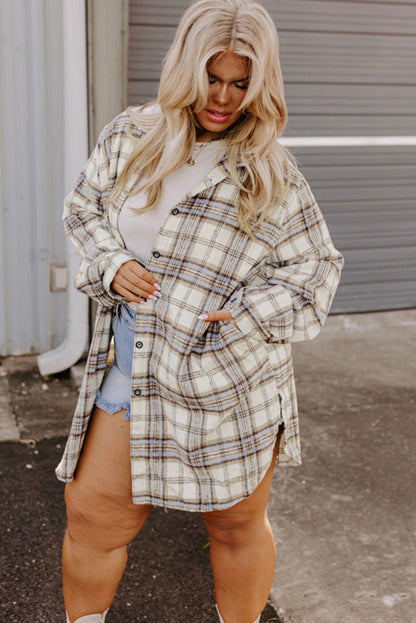 Chic white plaid tunic shacket with stylish side slits in plus sizes