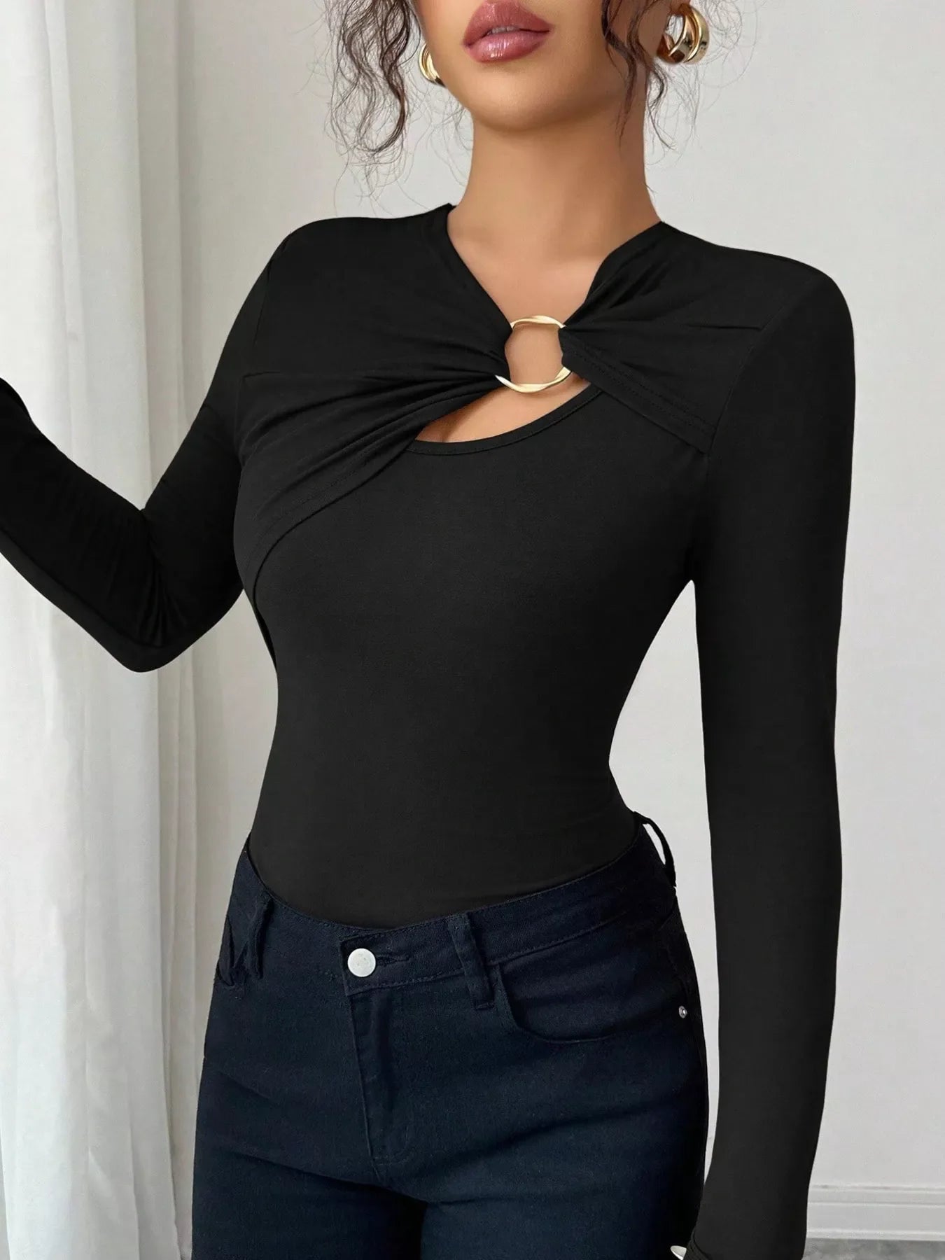 Twist Front Ring Detail Long Sleeve T-Shirt Simply Love