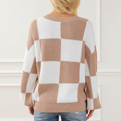 Checkered Round Neck Drop Shoulder Long Sleeve Sweater.