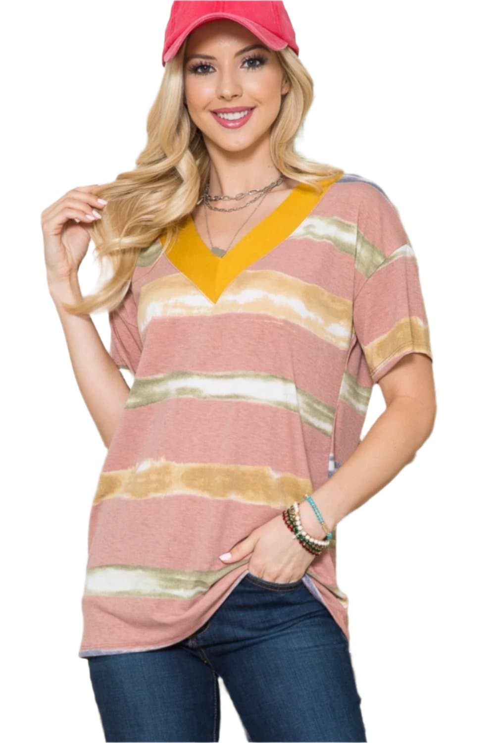 Celeste Full Size Striped Short Sleeve V-Neck T-Shirt.