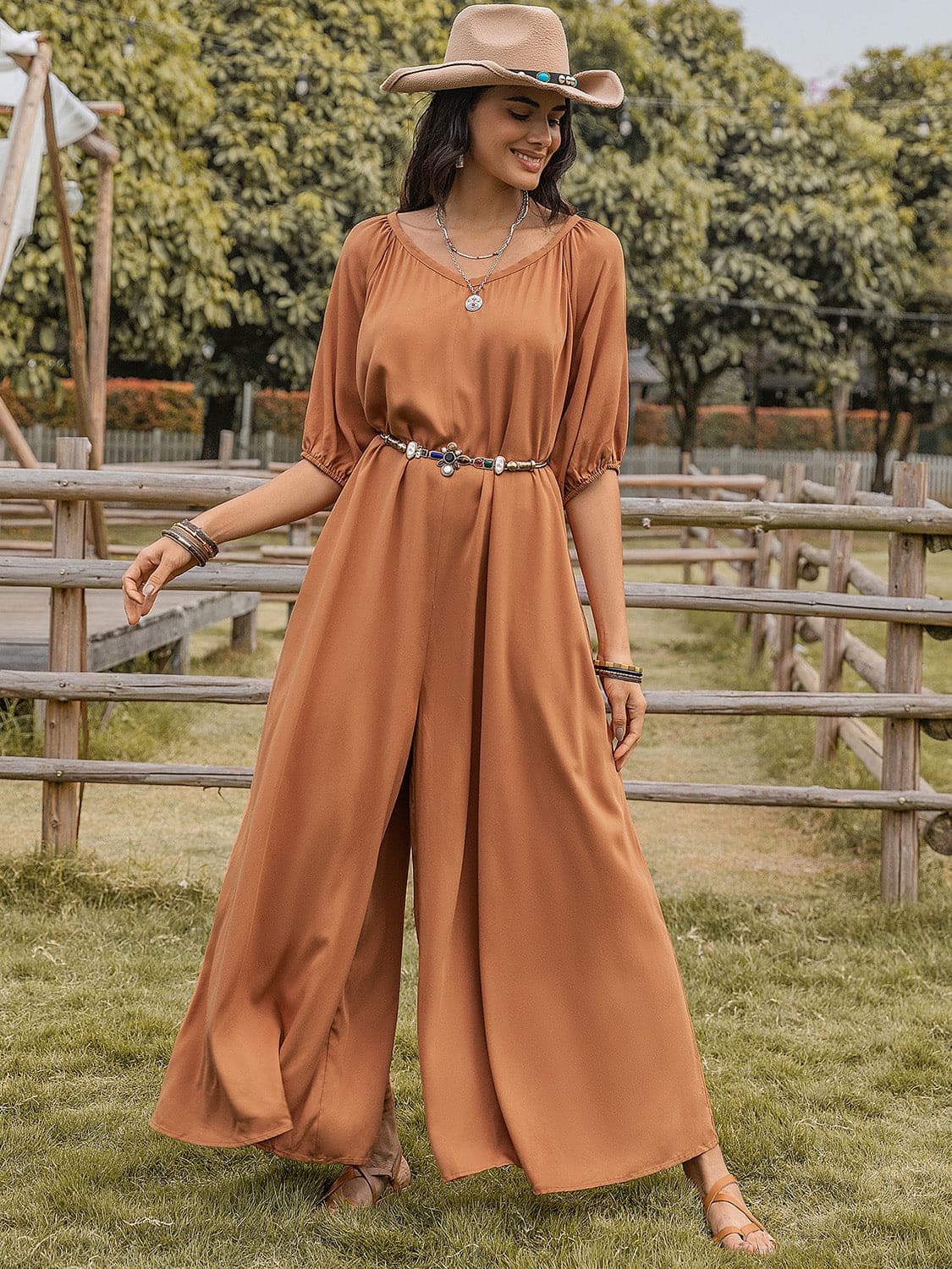 Scoop Neck Half Sleeve Wide Leg Jumpsuit.