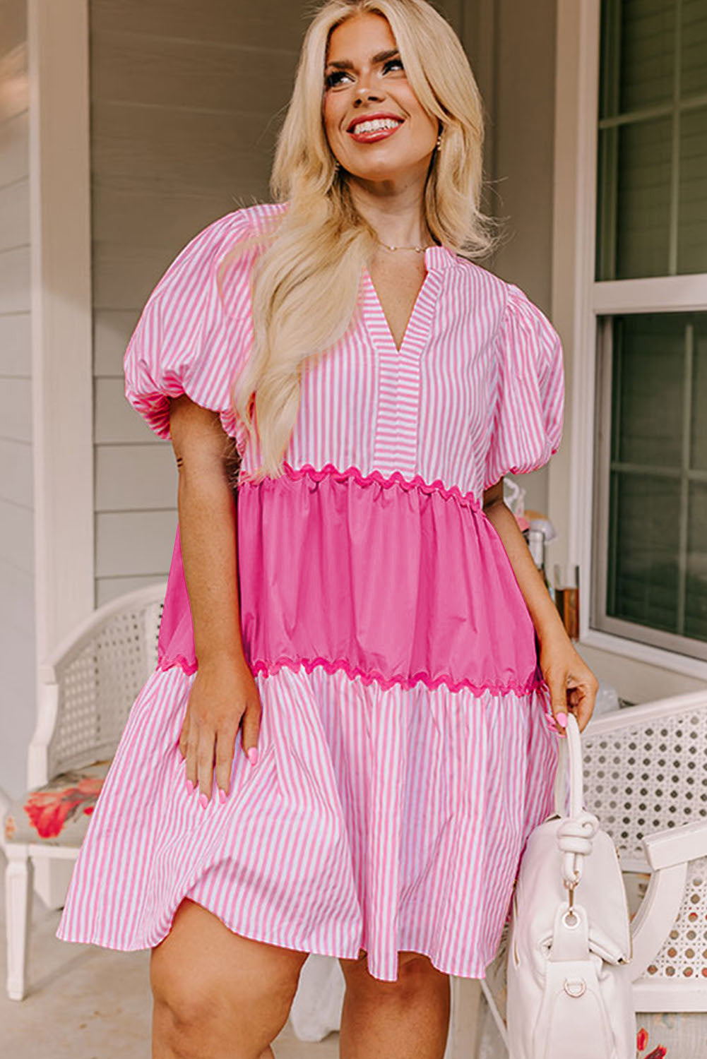 Chic pink striped block puff sleeve plus size dress