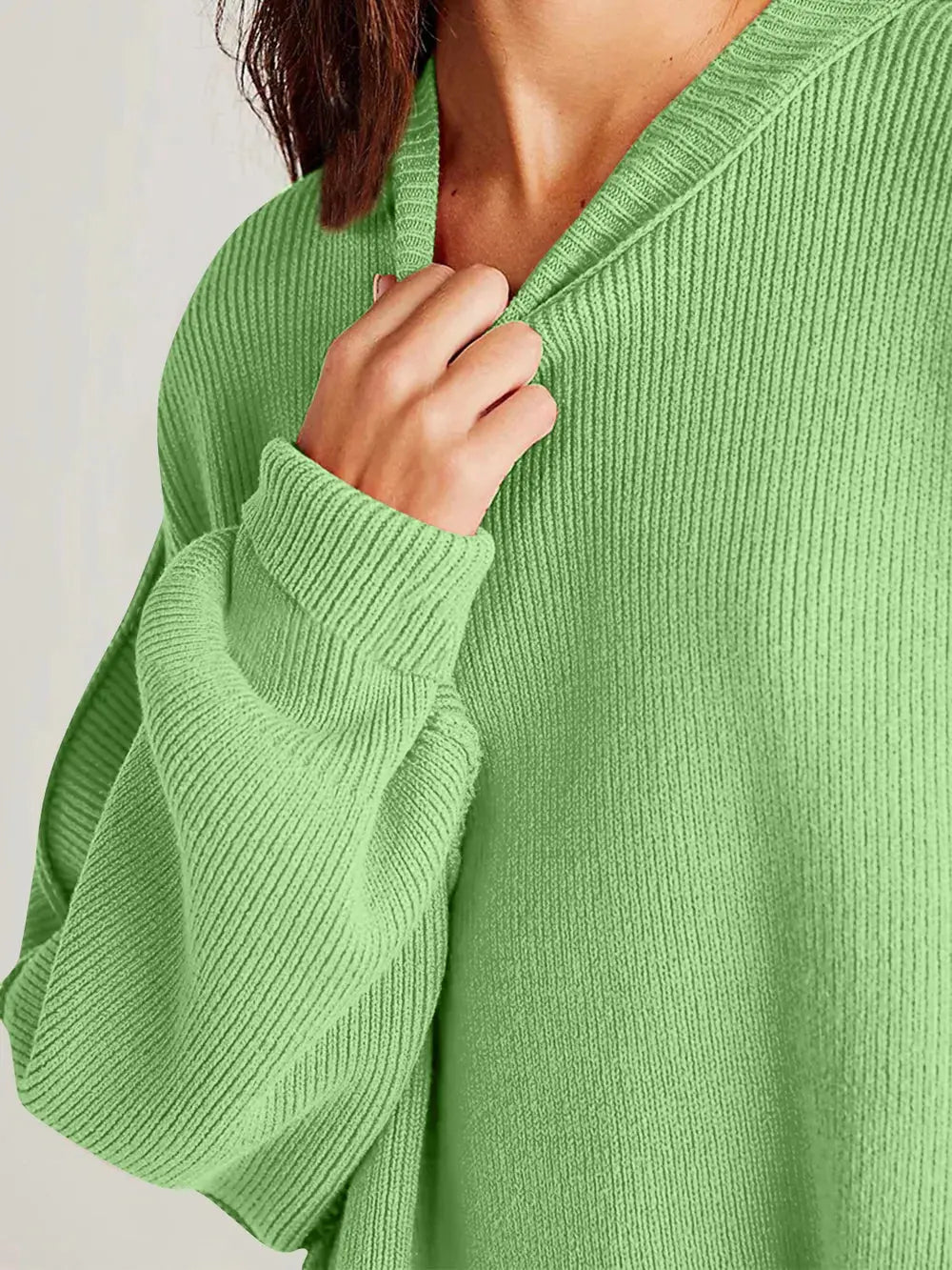 Double Take Side Slit Round Neck Long Sleeve Sweater - Love Salve