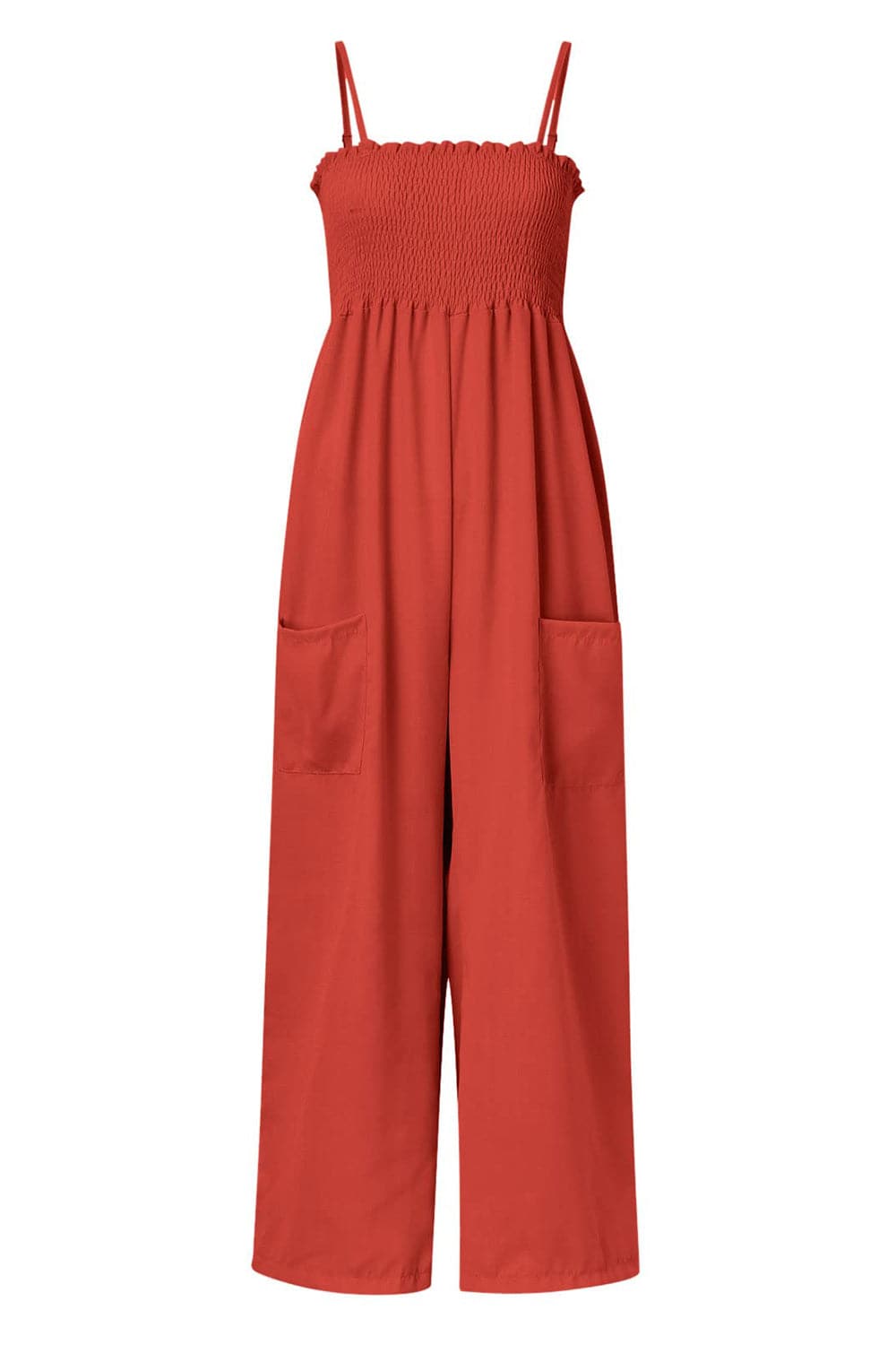 Smocked Spaghetti Strap Wide Leg Jumpsuit.