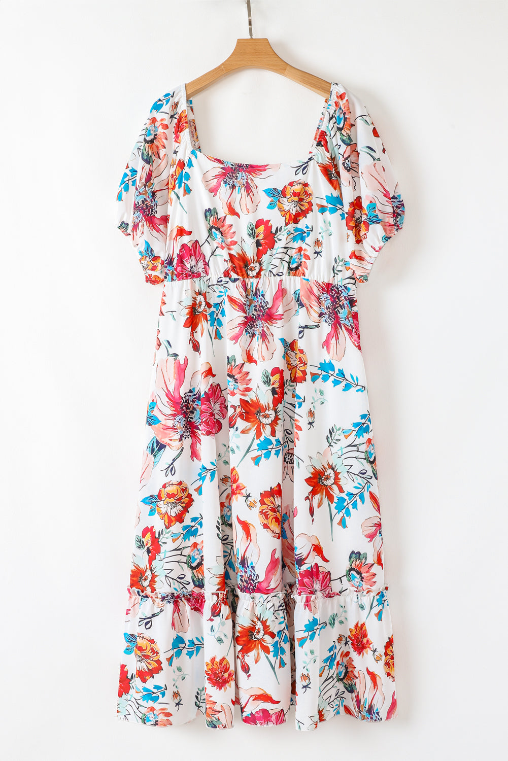 White Floral Square Neck Puff Sleeve Flowy Plus Size Midi Dress Dear-Lover Dropshipping