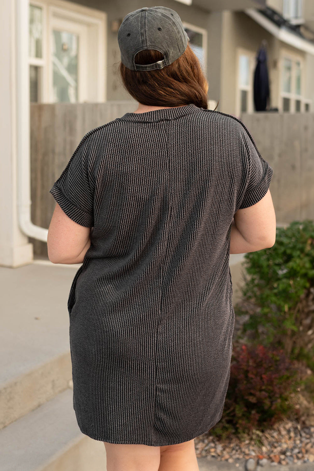 Carbon Grey Corded V Neck Plus Size T Shirt Dress With Pockets Dear-Lover Dropshipping