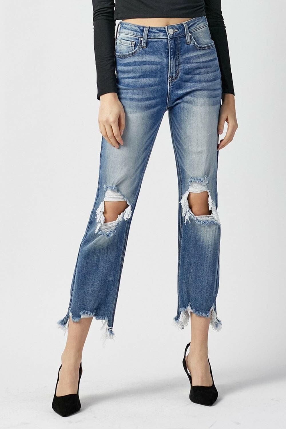 RISEN High Waist Distressed Frayed Hem Cropped Straight Jeans.