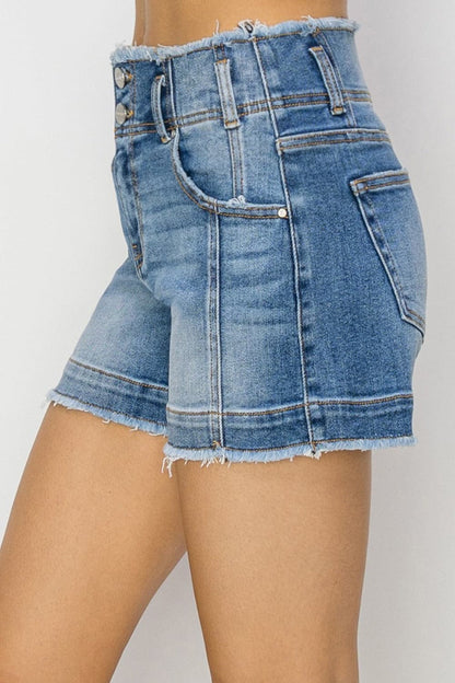 RISEN High Rise Seam Detailed Raw Edge Denim Shorts.